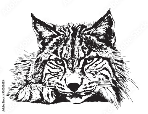 Lynx. Sketch, drawn, graphic portrait of a lynx head on a white background