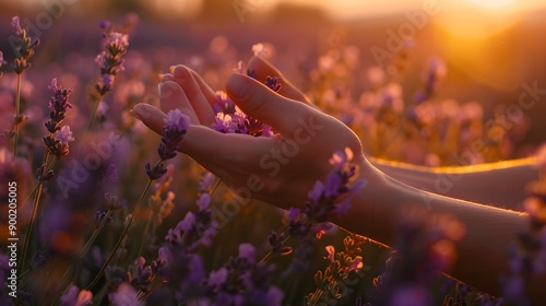 Close-up of woman habds touches of the flowers of lavender flowers in purple field. Woman walking in the sunrise and breathes the scent of Provencal herbs. 