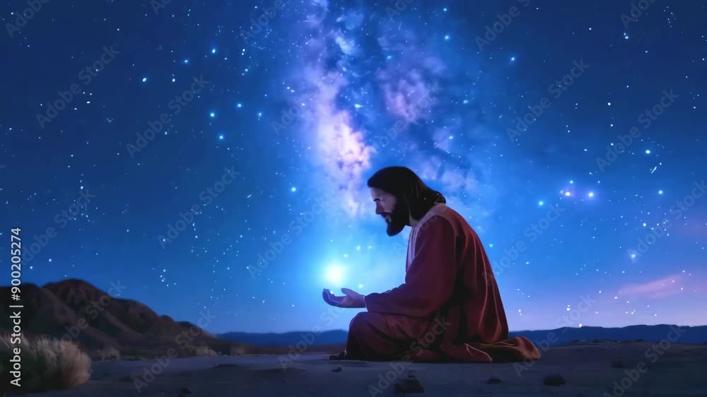 Jesus Christ praying in desert at night animation -- 4k stock video footage AI Jesus Christ praying in desert at night animation -- 4k stock video footage AI