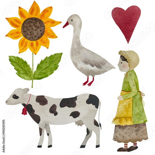 Watercolor farm clip art, hand drawn watercolor illustrations, rural life, goose, cow, sunflower, girl farmer