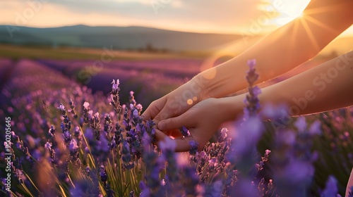 Close-up of woman habds touches of the flowers of lavender flowers in purple field. Woman walking in the sunrise and breathes the scent of Provencal herbs. 