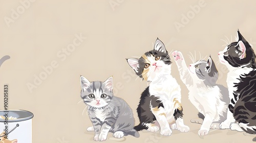 This adorable illustration features playful kittens interacting with each other against a soft beige background, perfect for cat lovers and pet-themed projects.  photo