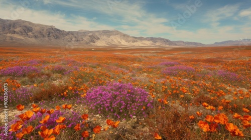 Vibrant wildflower field in desert landscape with mountains and blue sky in the background during spring season.