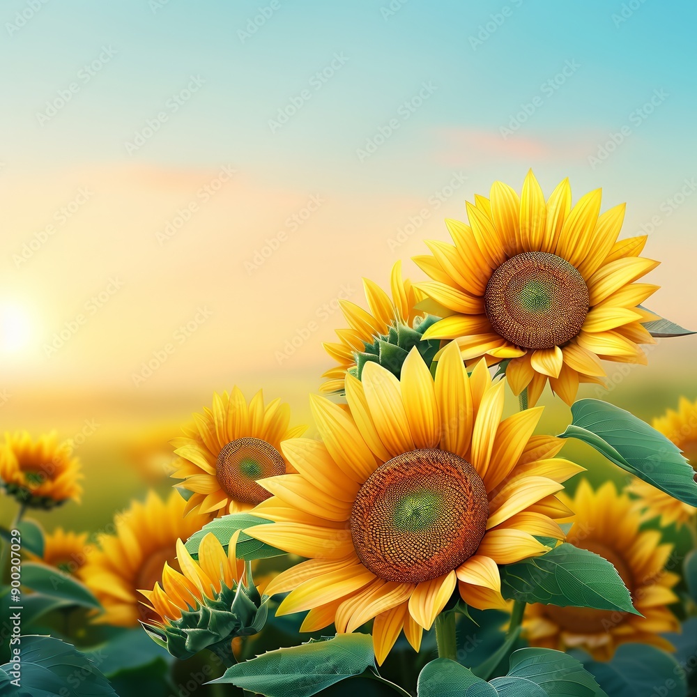 Obraz premium Vibrant sunflowers in a field under a bright morning sky, with soft sunlight highlighting their golden petals and lush green leaves.