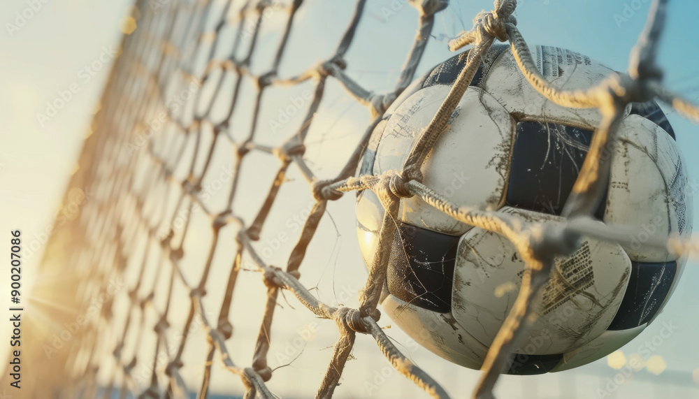A closeup view of a worn soccer ball caught in the net of a goal A closeup view of a worn soccer ball caught in the net of a goal