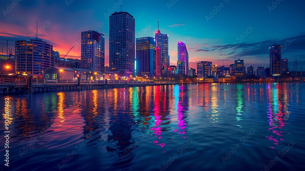 Fototapeta premium A vibrant cityscape at dusk with colorful lights reflecting on the water, capturing the lively spirit of urban friendships.