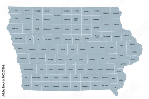 Iowa counties, gray political map with borders and county names. Landlocked state in the Midwestern region of the United States, subdivided into 99 counties. Nicknamed The Hawkeye State. Illustration