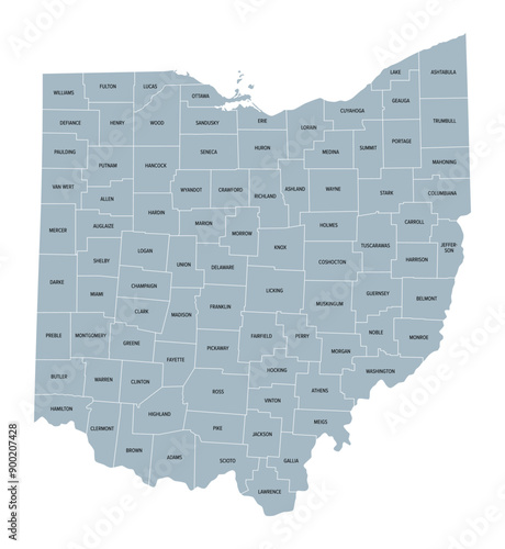 Ohio counties, gray political map with borders and county names. State in the Midwestern region of the United States, subdivided into 88 counties. Nicknamed Buckeye State, and Heart Of It All.