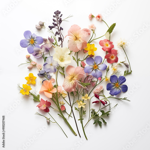 A beautiful bouquet of fresh spring colorful flowers in a flat lay, white background