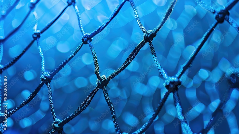 Fototapeta premium Intimate Macro View of Fishing Nets on Deck with a Blue Bokeh Background, Highlighting the Detailed Texture of Rope and Netting