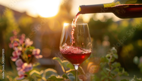 Red wine being poured into a glass with a beautiful sunset in the background photo