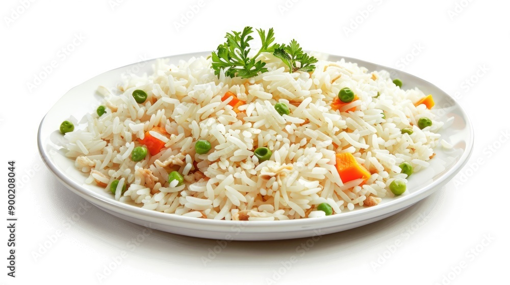 fried white rice on white plate, delicious asian food on white background fried white rice on white plate, delicious asian food on white background