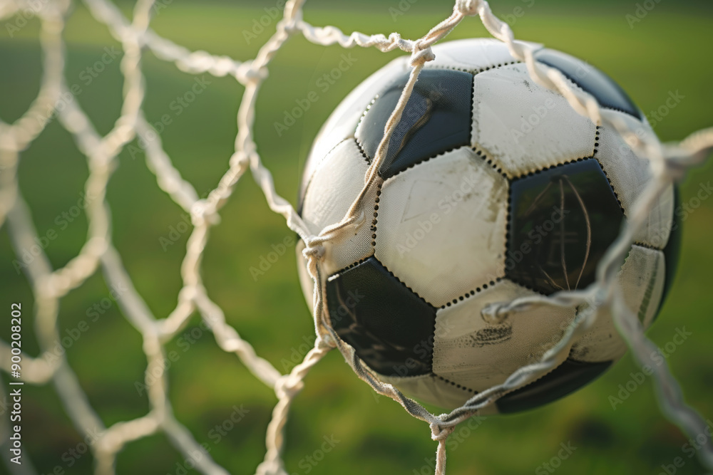Naklejka premium A closeup of a soccer ball in the net showcasing the texture and detail of the ball and net