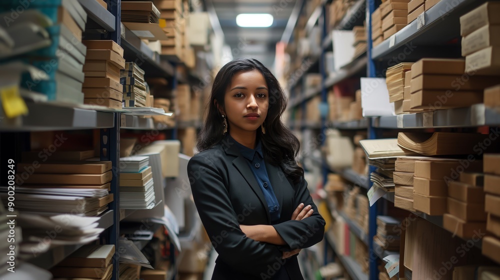 Proud Indian Woman in Formal Attire Posing in a Library with Shelves of Books Proud Indian Woman in Formal Attire Posing in a Library with Shelves of Books