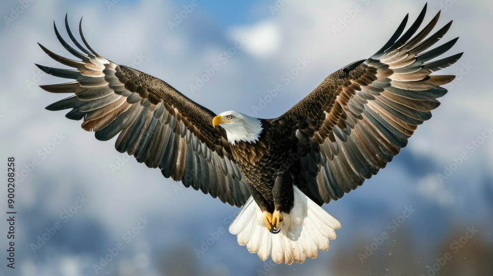 Fototapeta premium eagle gliding majestically through the sky, showcasing its powerful wings and keen eyes, with this inviting photo.