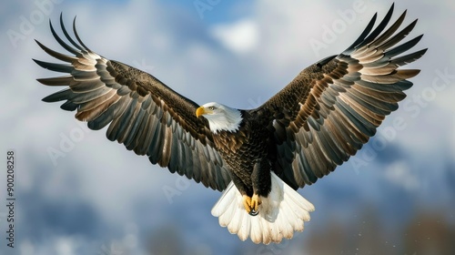 eagle gliding majestically through the sky, showcasing its powerful wings and keen eyes, with this inviting photo. photo