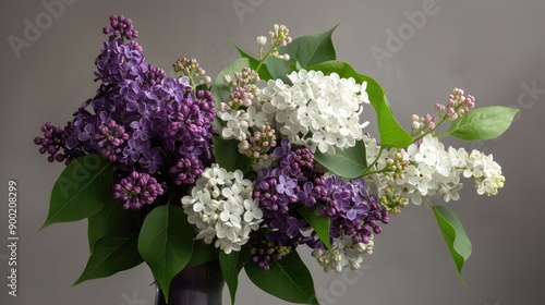 mix of purple lilac flowers and white viburnum in a bouquet, set against a gray background to highlight their natural beauty with this inviting photo. photo