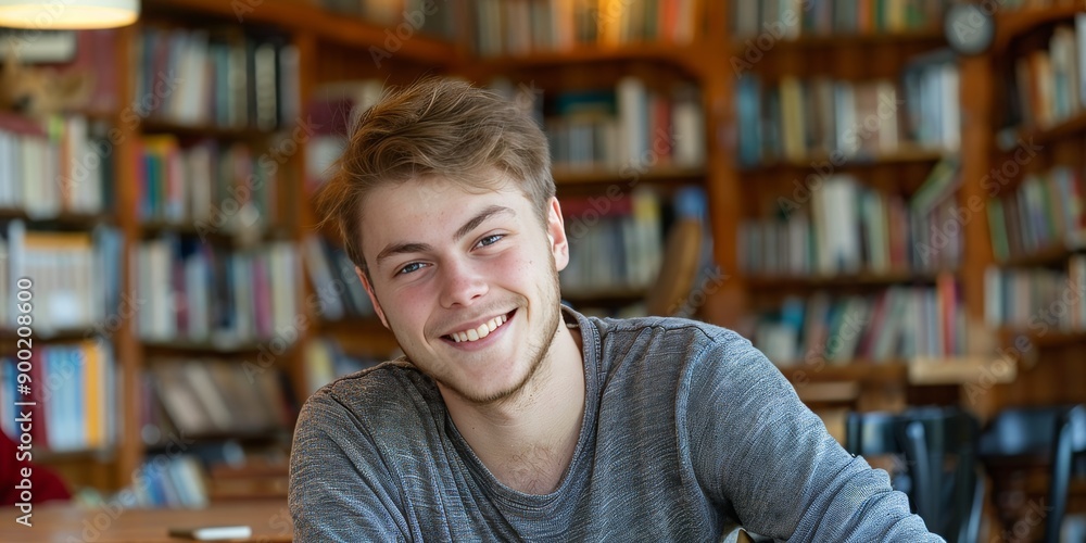 Smiling Student in Casual Attire Posing in Library with Bookshelves in Background Smiling Student in Casual Attire Posing in Library with Bookshelves in Background