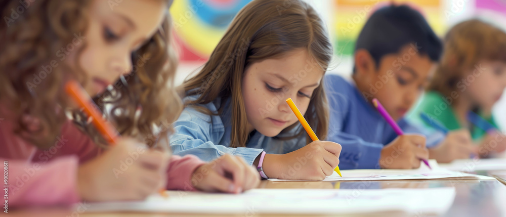 Cute elementary school kids drawing and coloring at their desks Cute elementary school kids drawing and coloring at their desks