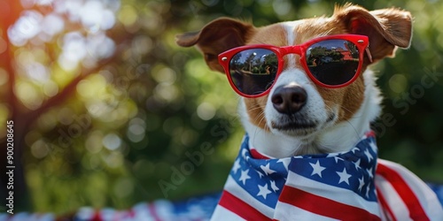 Dog Wearing Sunglasses with American Flag Scarf