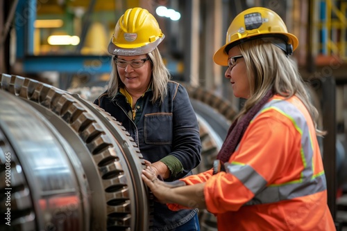 Female Engineers Inspecting Machinery in Industrial Setting with Safety Gear photo