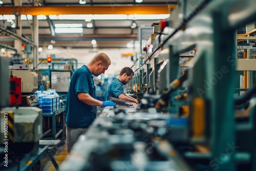 Workers Operating Machines in Factory for Manufacturing Production Line photo