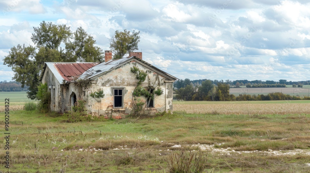 Obraz premium Rural farmhouse tourism site with damaged exterior featuring empty space for text