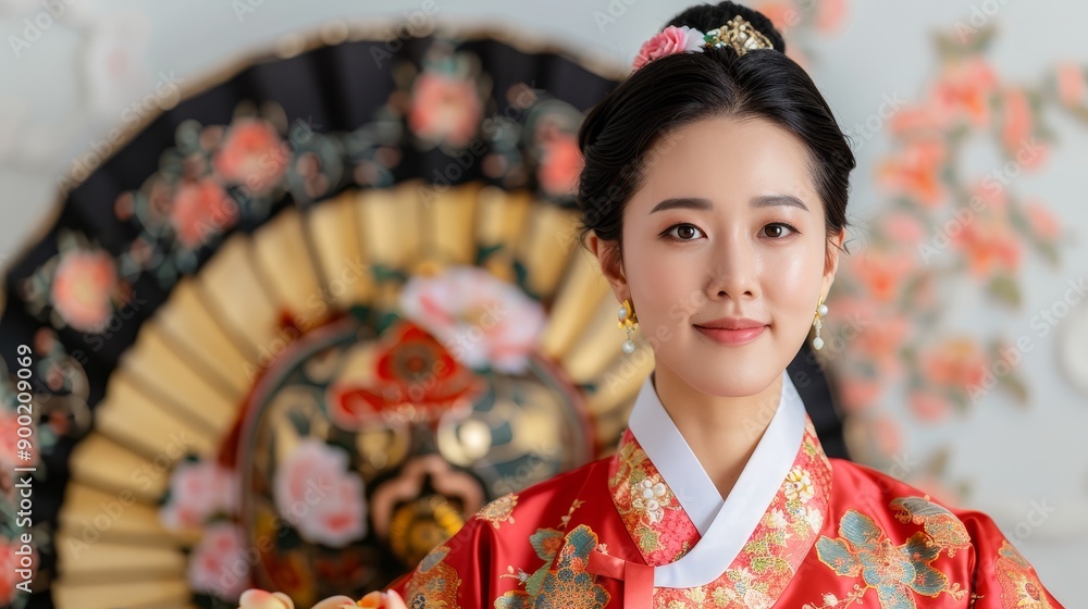Elegant Korean woman in traditional attire, wearing subtle makeup, holding a beautifully crafted mask, emphasizing cultural beauty Elegant Korean woman in traditional attire, wearing subtle makeup, holding a beautifully crafted mask, emphasizing cultural beauty