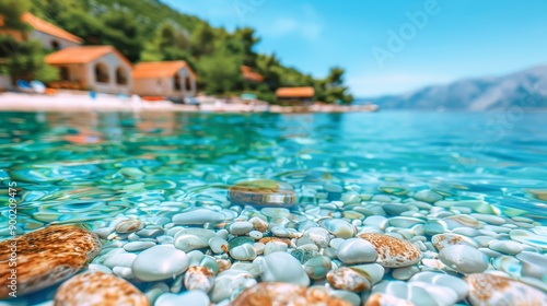 Fototapeta Naklejka Na Ścianę i Meble -  A beautiful beach with a clear blue ocean and a rocky shore