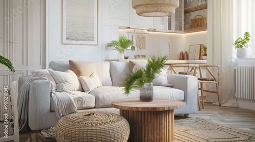 and cozy living room interior with a grey sofa and wooden coffee table  creating a warm and inviting space with this inviting photo.
