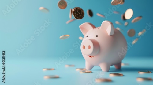 3D Piggy Bank with Coins Falling on Light Blue Background