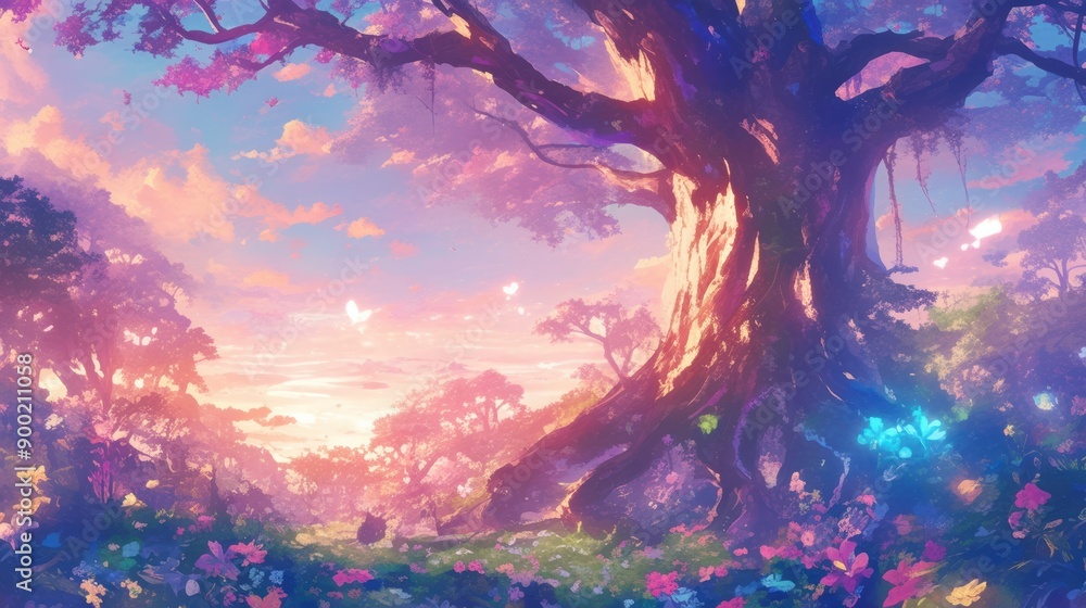 A mystical anime forest at dawn, with towering ancient trees, glowing flowers, and soft morning light filtering through the leaves A mystical anime forest at dawn, with towering ancient trees, glowing flowers, and soft morning light filtering through the leaves