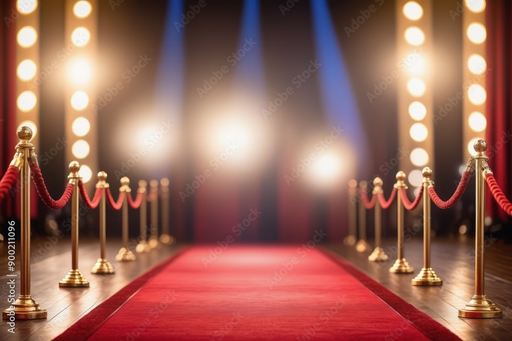 Dramatic spotlight illuminates star-studded entrance on glamorous red carpet stairs leading to golden hall of fame Dramatic spotlight illuminates star-studded entrance on glamorous red carpet stairs leading to golden hall of fame