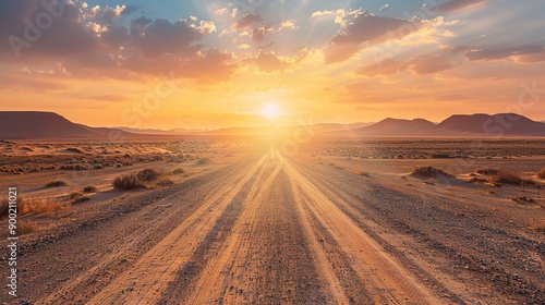 Desert Highway at Sunset: A Majestic Vista of Solitude and Serenity in the Dunes