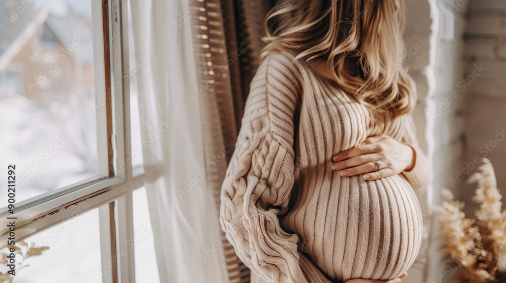 close up of happy pregnant woman with big belly at window close up of happy pregnant woman with big belly at window