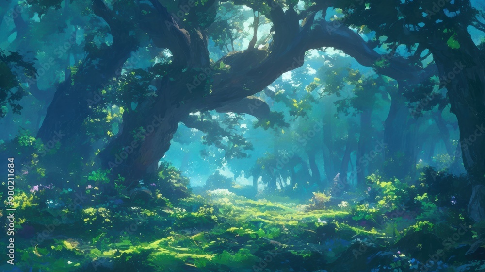 A mystical anime forest at dawn, with towering ancient trees, glowing flowers, and soft morning light filtering through the leaves A mystical anime forest at dawn, with towering ancient trees, glowing flowers, and soft morning light filtering through the leaves