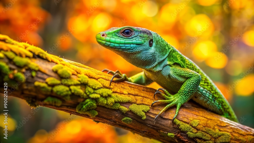 Green Lizard Perched on Branch with Bokeh Background. Green Lizard Perched on Branch with Bokeh Background.