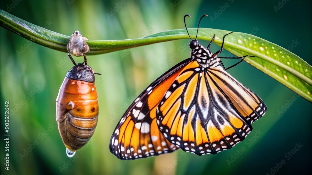 Obraz premium Monarch Butterfly Emerging from Chrysalis on Green Leaf.