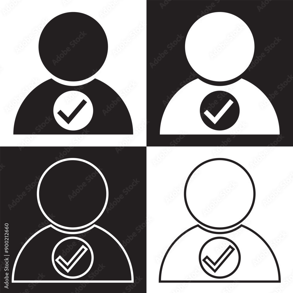check user icon vector accept person profile avatar with checkmark yes tick symbol, checked user profile account approved icon. isolated on white and black background. Vector illustration. EPS 10 check user icon vector accept person profile avatar with checkmark yes tick symbol, checked user profile account approved icon. isolated on white and black background. Vector illustration. EPS 10