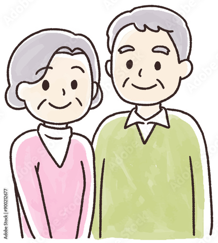 笑顔で寄り添うシニア・老夫婦の水彩風手書きイラスト