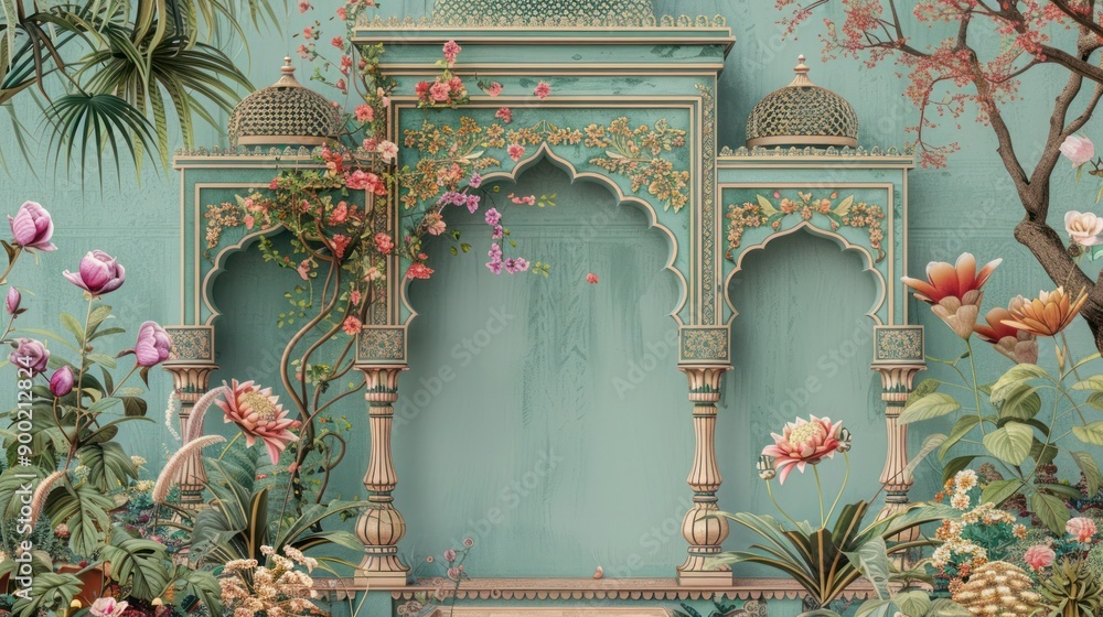 Obraz premium Traditional Jaipur architecture, Traditional Mughal pastel arch and flower, Mughal floral traditional ornament with arch and motif borders.
