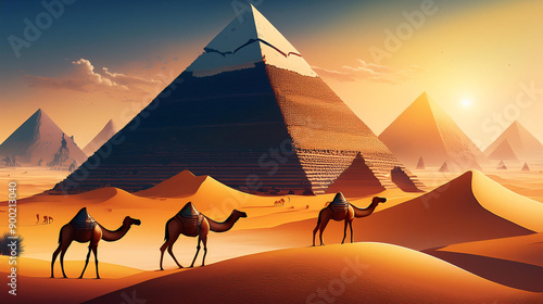 pyramids in the desert, Landscape desert camels, pyramids, sanddunes::100 pyramid::40 camels::60 ultrablack glass::100 elliptic curve Homogeneous dispersion photo