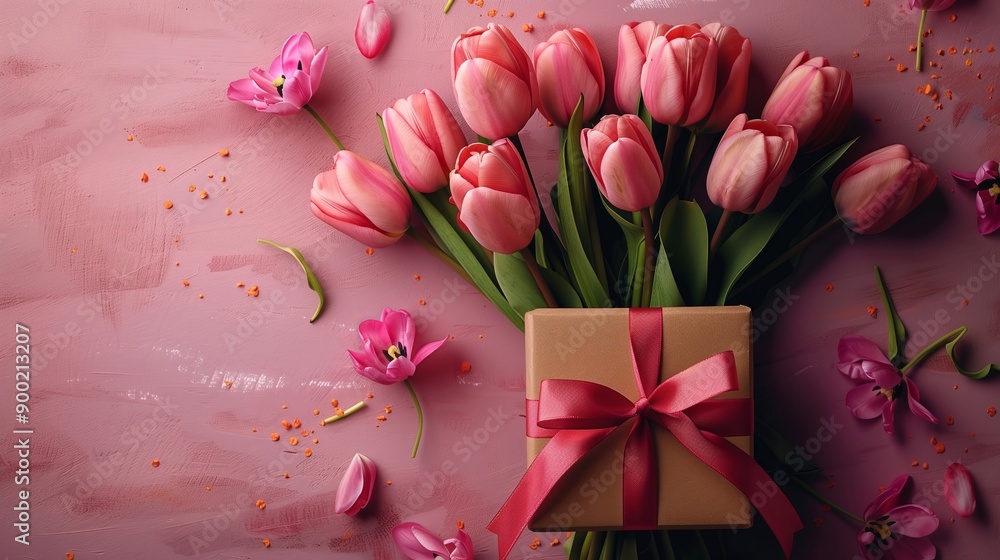 A Stunning Arrangement of Pink Tulips and a Gift Box on a Soft Pink Background A Stunning Arrangement of Pink Tulips and a Gift Box on a Soft Pink Background