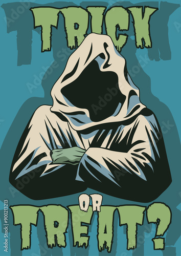 Trick or treat? Retro Style Halloween Poster, Grim Reaper in the Hood
