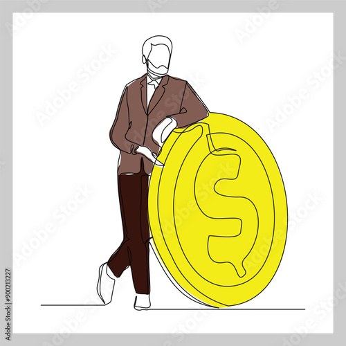Continuous single line sketch drawing art of business man with big money coin. One line of loss dollar coins money vector illustration
