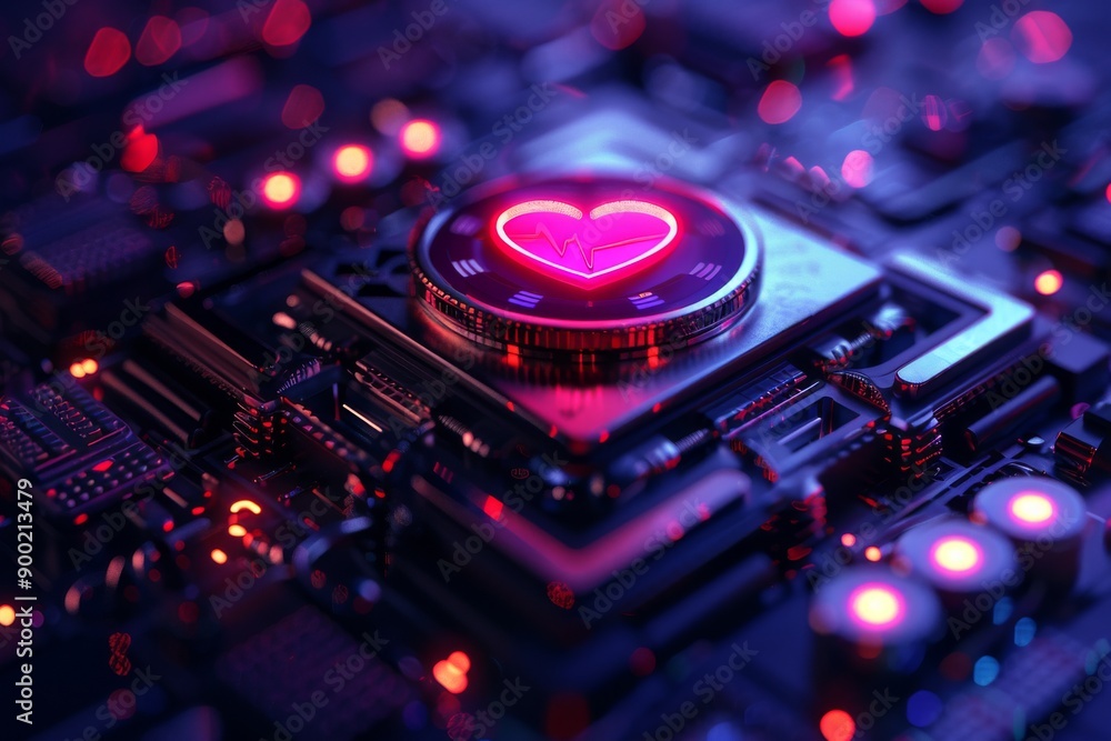 Stethoscope on a circuit board illustrating the integration of technology and healthcare in a futuristic setting Stethoscope on a circuit board illustrating the integration of technology and healthcare in a futuristic setting