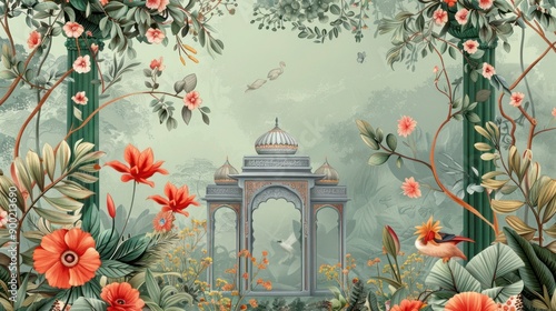 Traditional Jaipur architecture, Traditional Mughal pastel arch and flower, Mughal floral traditional ornament with arch and motif borders.