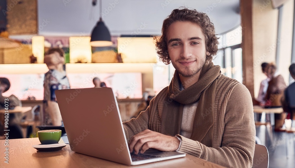 Young man working on laptop, boy freelancer or student with computer in cafe at table looking in camera. Model by AI generative Young man working on laptop, boy freelancer or student with computer in cafe at table looking in camera. Model by AI generative