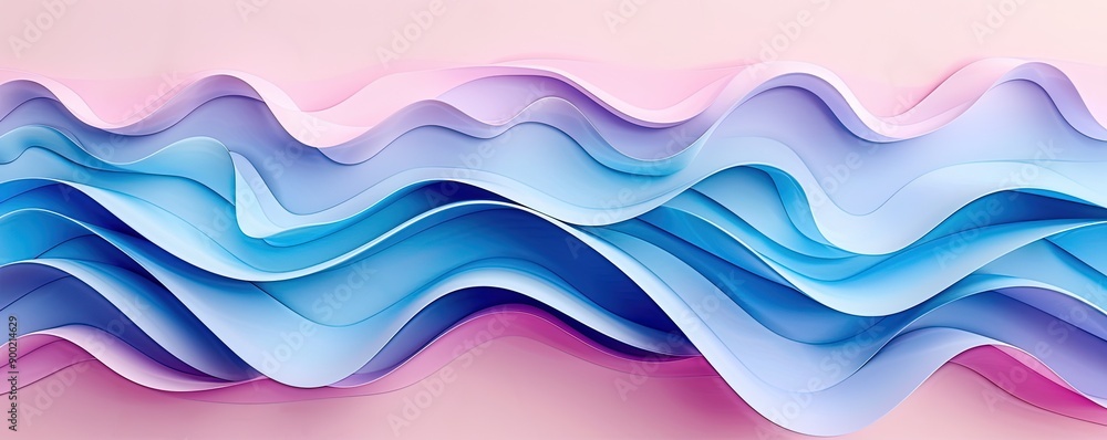 Fototapeta premium Blue paper cut dimensional waves on a pink background.