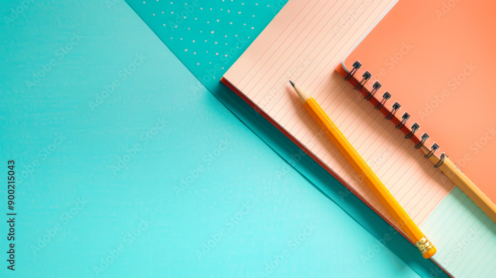A yellow pencil lays on a spiral bound notebook, with a blue, green and orange pastel background A yellow pencil lays on a spiral bound notebook, with a blue, green and orange pastel background